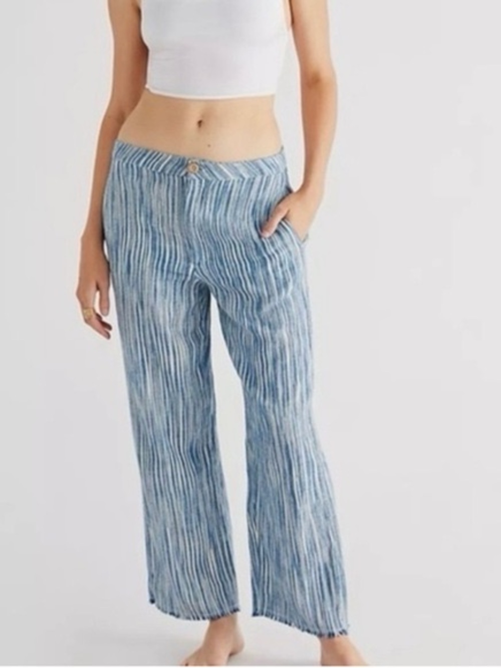 Free People Marta Yarn Dye Striped Raw Hem Pants Blue & White Size 10 Boho